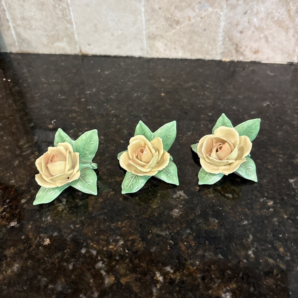 Vintage Capodimonte Italy Porcelain Rose Place Card Holders Hand Painted Floral